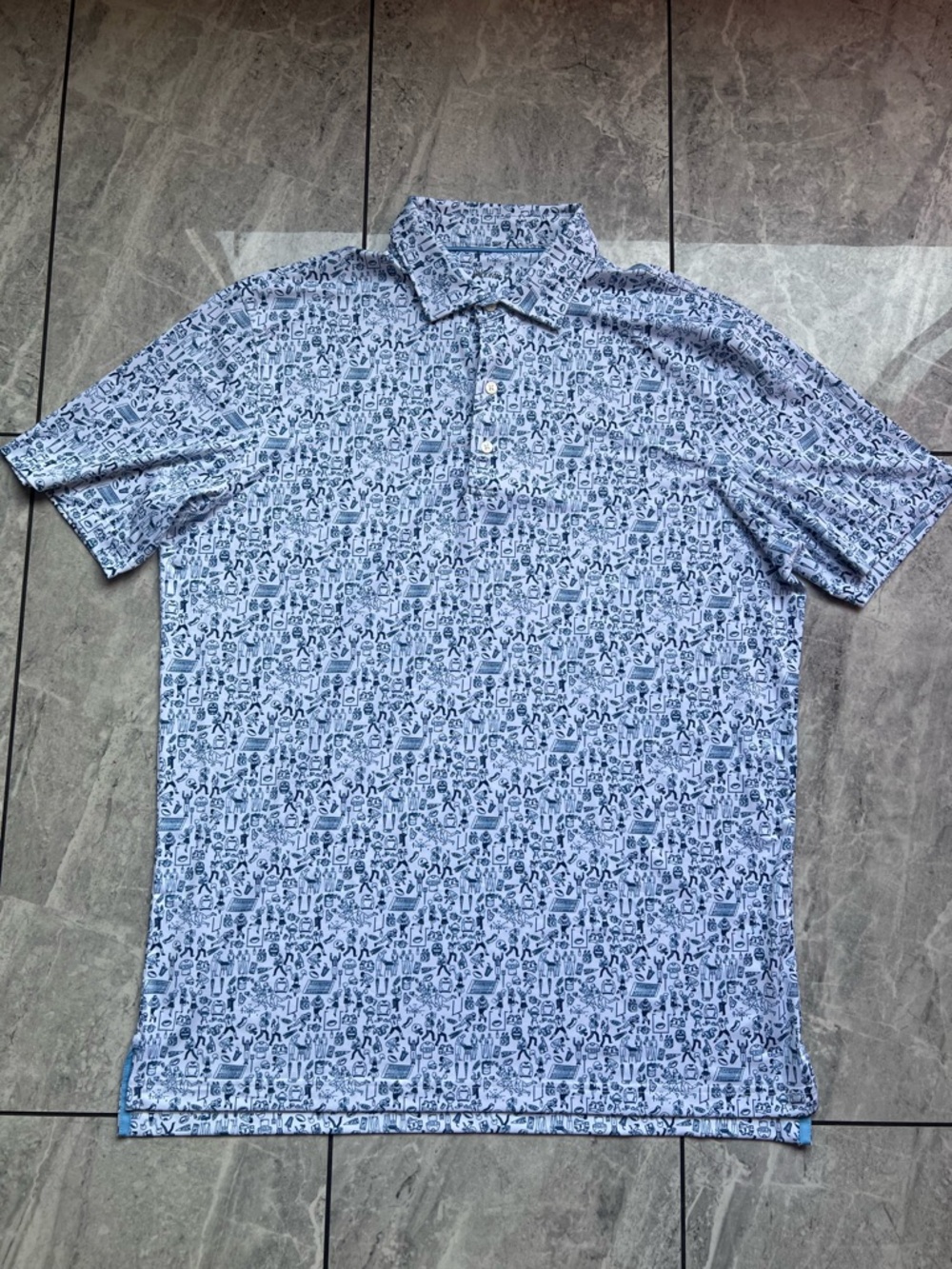 Johnny O Men’s White/Blue Toga/Tail Gate Party Geometric Golf Embroidered Polo L